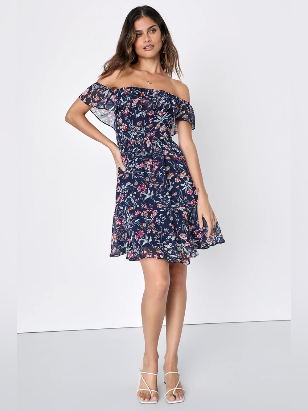 Lulu’s My Favorite Navy Floral Print Off Shoulder Chiffon Mini Dress M